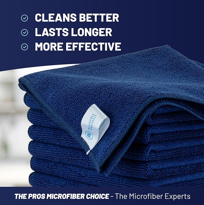 MW PRO Microfiber Cleaning Cloths Dark Blue 12 Pack, 12x12 - Commercial Janitorial Towels & Lint Free Rags - Heavy Duty for Auto Detailing, Glass Windows, Housekeeping & Screens - Washable 300+ Times - Image 2