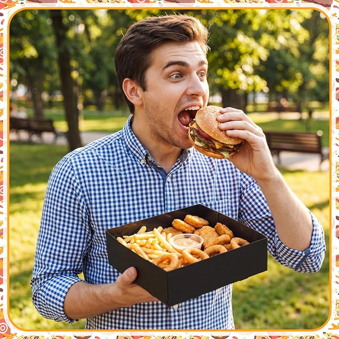 Chinco Black 100 Pcs 7.9 x 7.9 x 2.4 Inch 4 Corner Pop Food Tray Kraft Paperboard Disposable Foldable Cardboard Food and Drink Stadium Containers Movie Night Snack Trays Fries Holder Carrier - Image 8