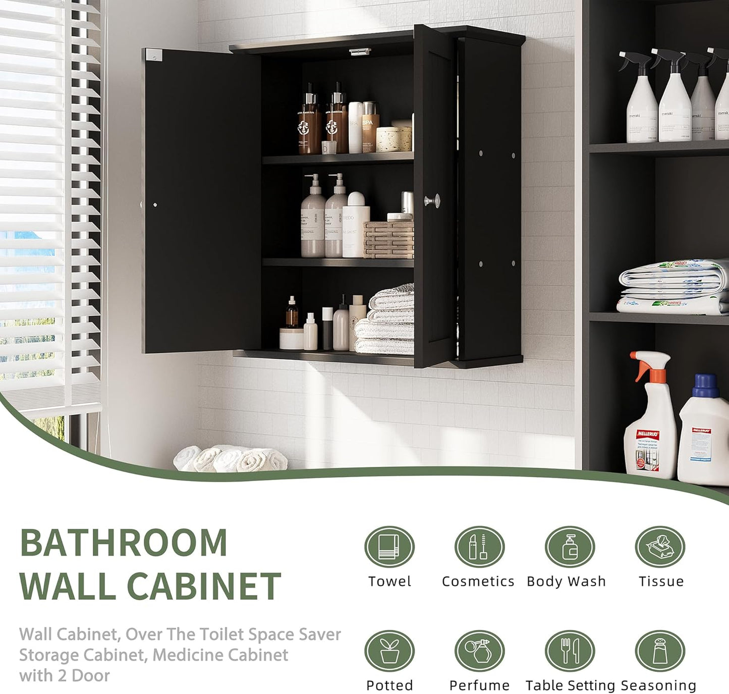 Meilocar Bathroom Wall Cabinet, Bathroom Cabinet Wall Mount, Over Toilet Space Saver Storage Cabinet, Wood Medicine Cabinets, Black