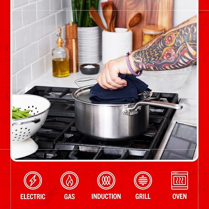 Heritage Steel x Eater 4 Quart Saucepan with Lid | Made in USA | 5-Ply Fully Clad Stainless Steel Pan | Stay Cool Handle Design | Induction Capable & Non-Toxic Cookware - Image 5