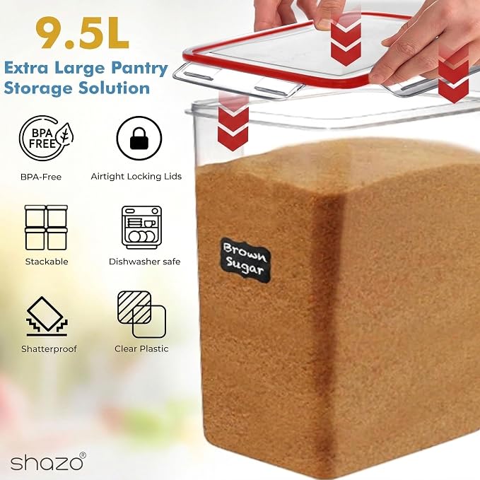 Shazo 2 PC (9.5L | 321 Oz) Extra Large Bulk Food Storage Containers with Airtight Lids for Flour, Sugar, Rice, Cereal & Pasta - Leakproof, BPA-Free Plastic Canisters for Kitchen & Pantry Organization - Image 4