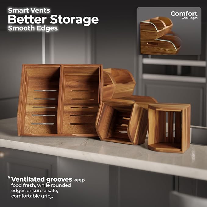 Acacia Wood Pantry Storage Bins - Stackable Open Front Kitchen Baskets | Stackable Potato And Onion Storage Bins Offer Flexible Organization, No Assembly Required And Easy Produce Access - Image 5