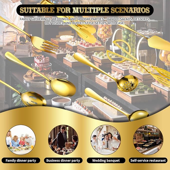 32 Piece Stainless Steel Serving Utensils Set - Complete Buffet Serving Spoons, Tongs, Ladles, Spatulas for BBQ, Parties, Weddings, Catering and Events (Gold) - Image 4