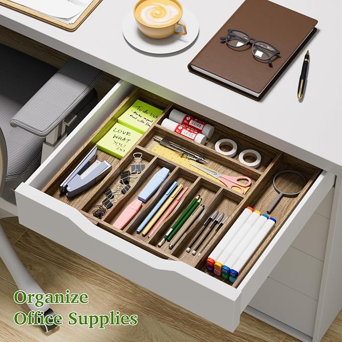 Kiasthome Acacia Wood Kitchen Silverware Drawer Organizer, Expandable Utensil Cutlery Drawer Organizer with Dividers, Flatware Organizer Silverware Tray for Spoon, Fork, 13''-20''x16.9'' (7-9 Slots) - Image 4