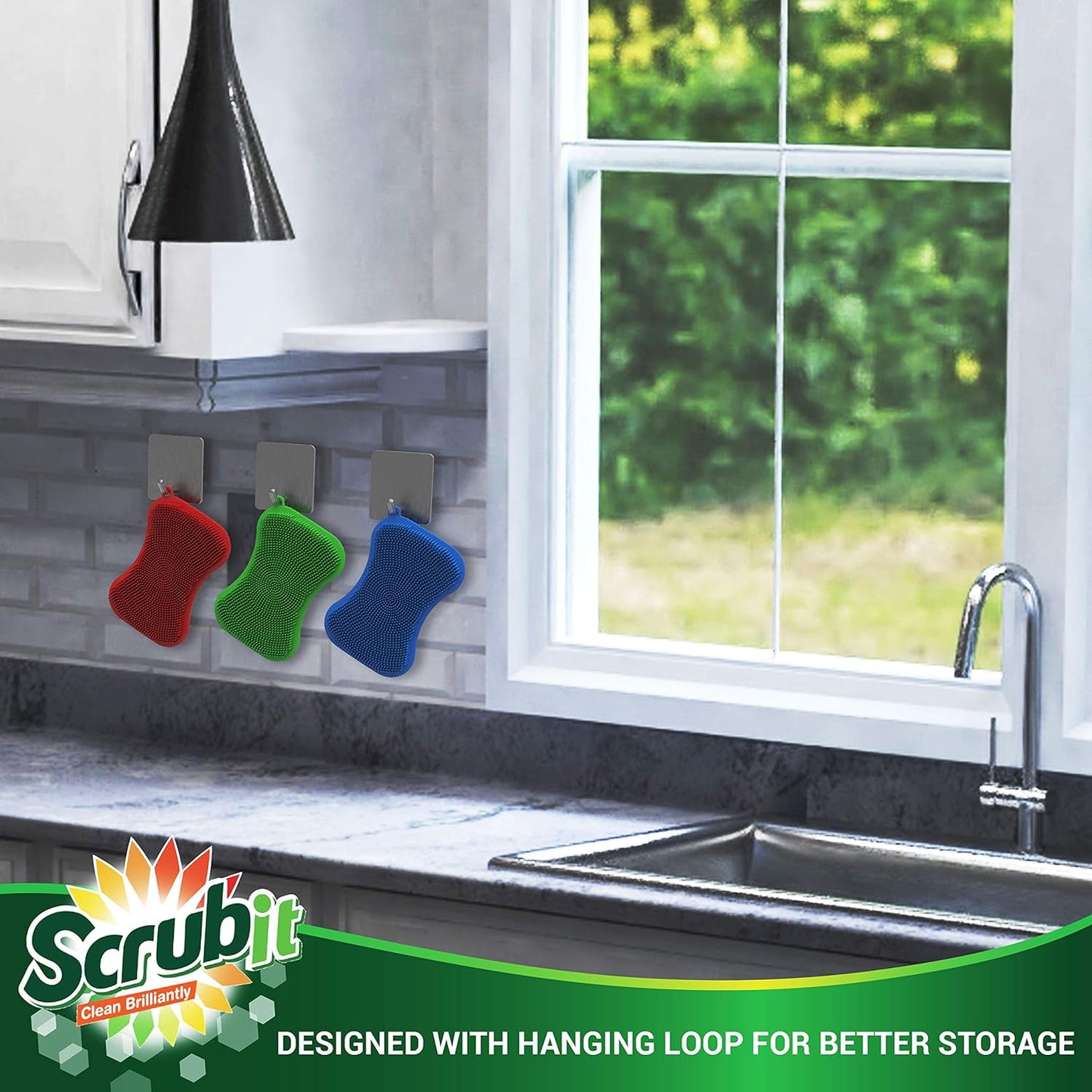 Silicone Scrubbing Pad Sponges by SCRUBIT - Real Silicon Non Scratch Kitchen Scrubber - Non Smell Cleaning Sponges for Kitchen Dishes - Reusable Soft Dish Sponge - Blue Red Green Pads (3 Pack)