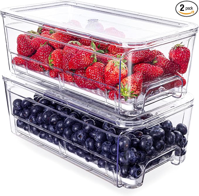 Imncya Fridge Organizer Bins, Clear Stackable Pull Out Fridge Drawer Organizer, Refrigerator Organizers and Storage Container for Fruits, Vegetables, Drinks, Food ( 2 Pack Clear) by Imncya