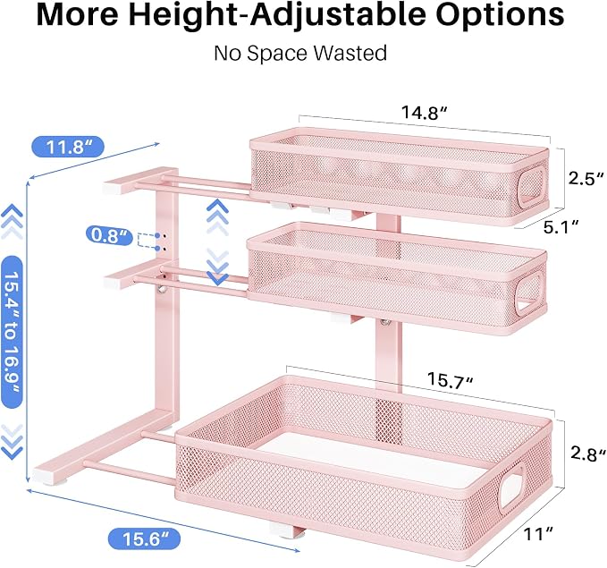 Under Sink Organizer, 3-Tier Thickened Metal Pull out Cabinet Organizer Shelf, Height Adjustable Slide out Storage Drawer Rack for Kitchen Bathroom Pantry Laundry Home Organization, 2-Pack, Pink - Image 9