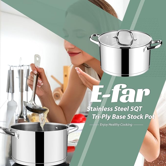 E-far Stainless Steel Stock Pot, 5 Quart Pot with Glass Lid for Soup Pasta - Image 7