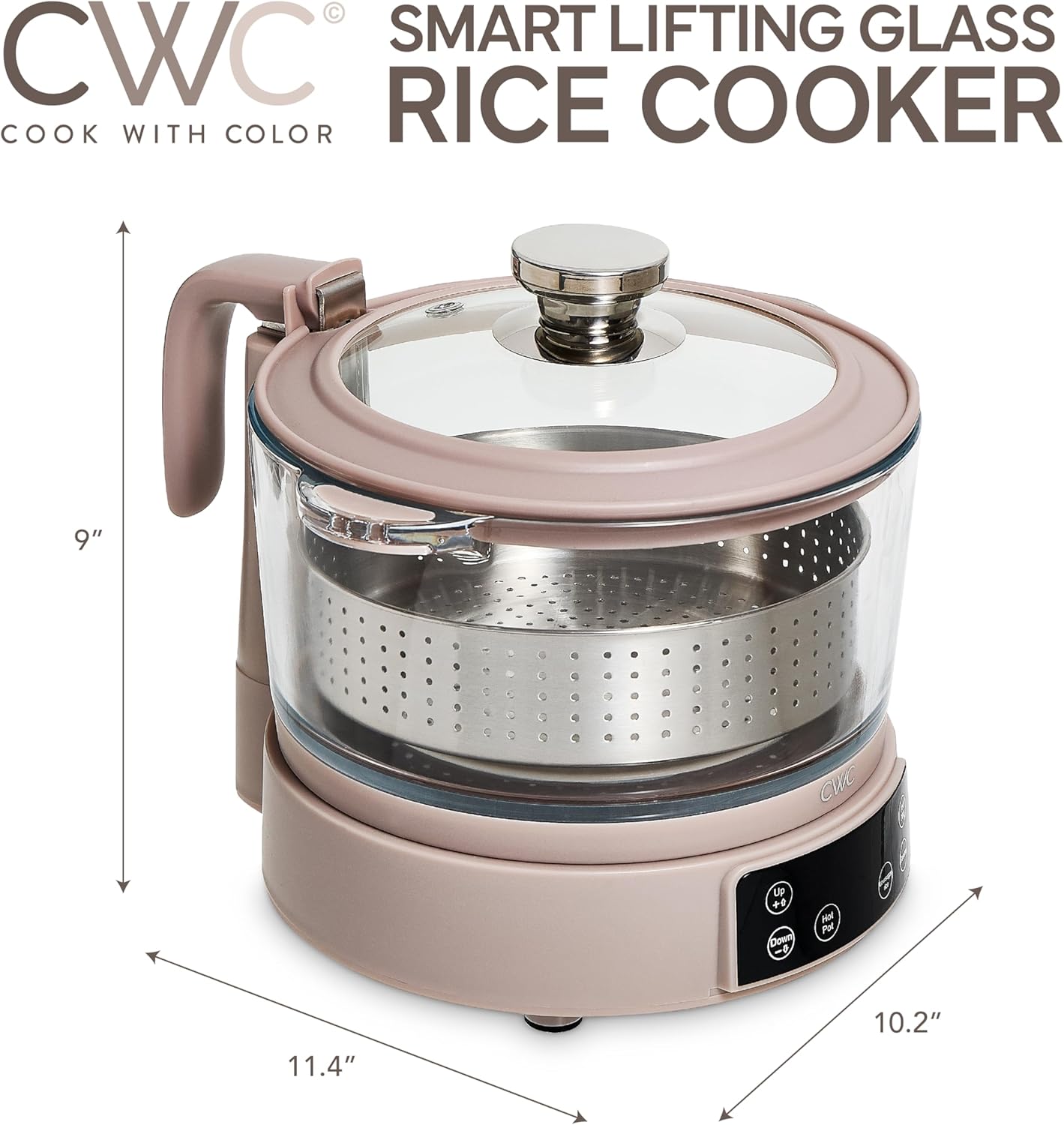 COOK WITH COLOR 3L Glass Low Carb Rice Cooker - Makes 6 Cups Low Sugar Rice with Auto Lift Filter Basket, Hotpot & Steamer for Rice, Grains and Oats, Digital Panel with Keep Warm Function, Greige