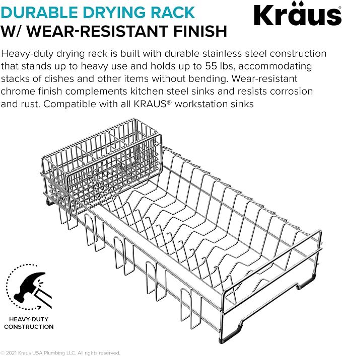 Kraus Workstation Kitchen Sink Dish Drying Rack Drainer and Utensil Holder, 17" L x 9" W, Stainless Steel, KDR-3 - Image 6
