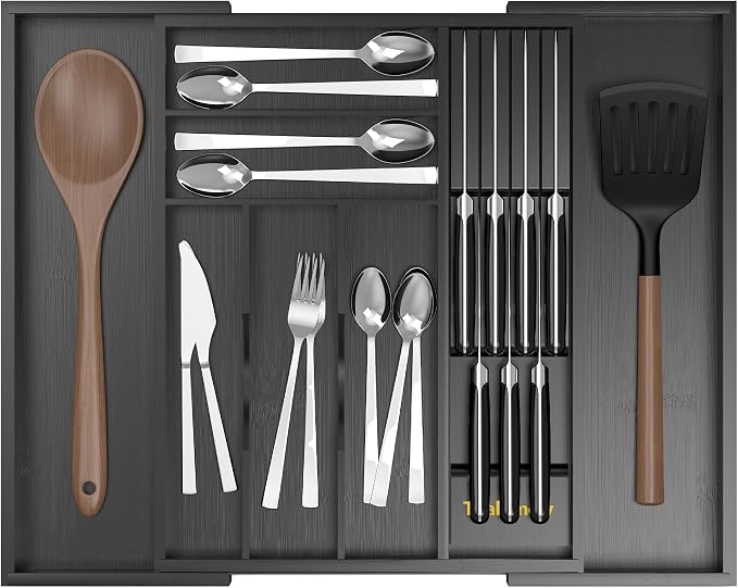 Bamboo Silverware Drawer Organizer, 6-8 Slots Kitchen Drawer Tray | 13"-21.69" Expandable, Utensil Holder & Cutlery Tray with Removable Knife Block, Hold 7 Knives, 2.36" Deep for Extra Capacity by Thalomely