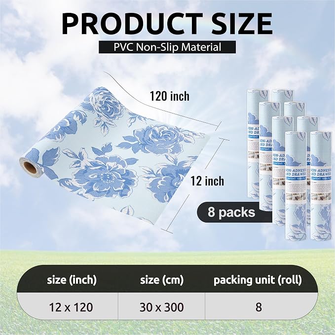 FIFTY FEET 12X120 Inch Shelf Liner for Kitchen Cabinets, PVC Drawer Liner for Dresser Non-Slip Bathroom, Non-Adhesive Cabinet Liner Washable (Blue Flower)(8 Roll) - Image 3