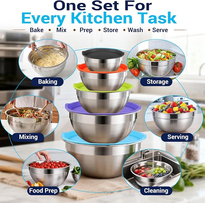 WEPSEN Mixing Bowls with Lid Set, 25PCS Kitchen Utensils Metal Bowl Stainless Steel Nesting Bowls, Measuring Cups and Spoons, Egg Whisk for Baking Prepping Cooking Serving Supplies - Image 7