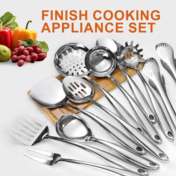 304 Stainless Steel Kitchen Utensils Set,11 Pcs Stainless Steel Cooking Utensils Set, Long Metal Cooking Utensil Gadgets Tools Set with Spatula, Spoon,Skimmer,Tongs etc (Dishwasher Safe) - Image 6