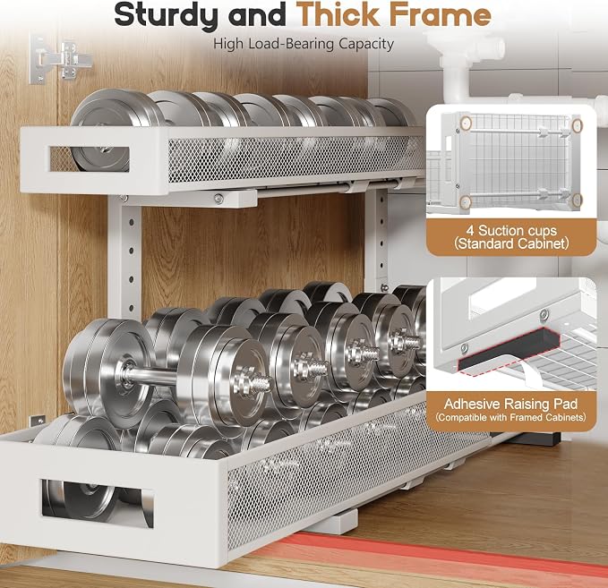 2 Pack 20.47IN Depth Under Sink Storage Organizer, Large 2-Tier Elegant Mesh Pull Out Shelf for Kitchen and Bathroom Cabinet Organization, L-Shaped and Adjustable Height Design-White - Image 3