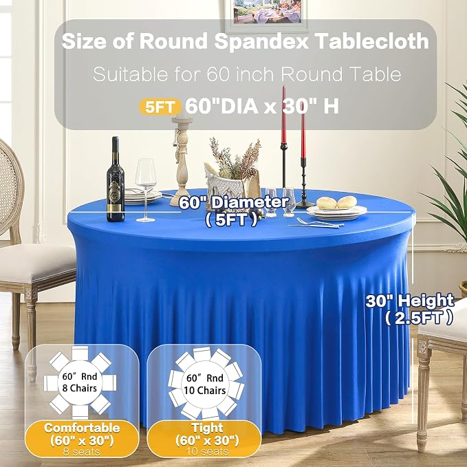 8 Pack Royal Blue Round Spandex Tablecloths for 60 inch Table, 120 inch Stretchy Fitted 5FT Round Table Cloths with Skirt for Wedding Birthday Party Dining Banquet - Image 4