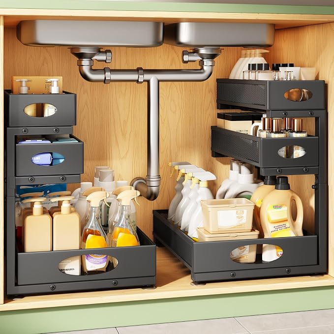 Kitstorack Under Sink Organizer 3-Tier Slide Out Drawer 2-Pack Black by Kitstorack