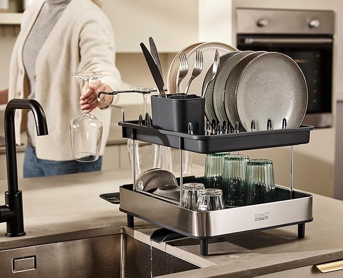 Joseph Joseph Dish Drying Rack with Wine Glass Holder - Space-Saving 2-Tier Design with Fast Draining System - Image 2