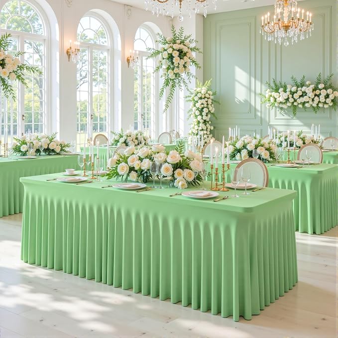 Besutolife 6 Pack Sage Green Spandex Tablecloth for 8ft Rectangle Tables Fitted Table Cloth Stretch Table Covers Skirt 8ft Rectangular Tablecloths for Banquet Parties Wedding Decorations - Image 4