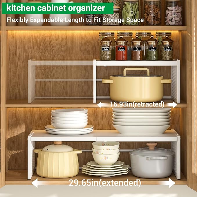 2 Pack Expandable Storage Cabinet, Stackable Pantry and Kitchen Organizers Shelf, Countertop Cabinet Storage Shelves Organizers, Spice Rack, Metal Storage Bins for Spice Can Plate Mug Cups, White - Image 2
