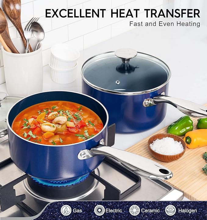 MICHELANGELO 3 Quart Saucepan with Lid, Nonstick Ceramic Sauce Pan with Stainless Steel Handle, 3 Qt Saucepan with Lid Induction Compatible, Oven Safe, Blue - Image 3