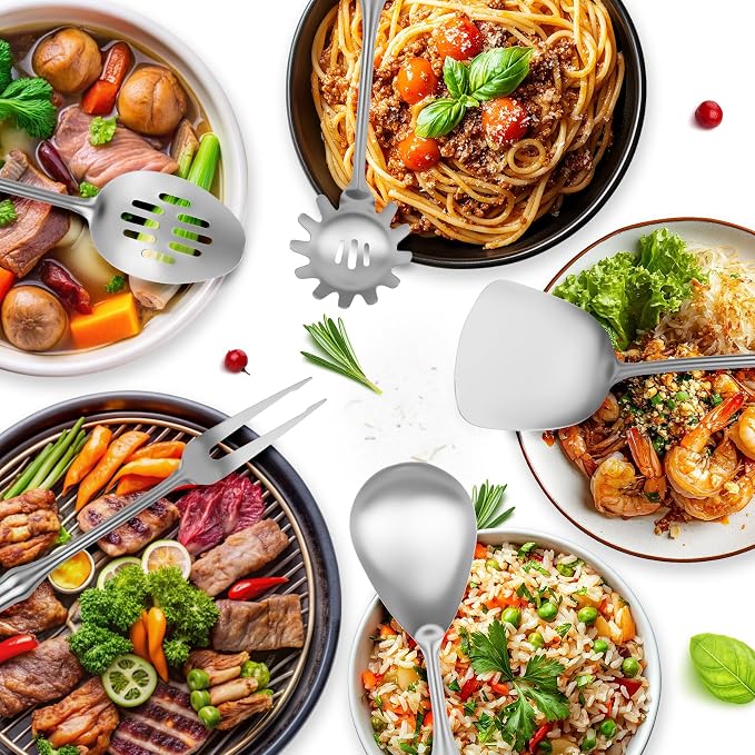 18 10 Stainless Steel Cooking Utensils Set,9pcs Kitchen Utensil Sets Metal 14 inch Long Heavy Duty Kitchen Tools Dishwasher Safe, Include Spatula Soup Ladle, Slotted Skimmer Spoon, Spaghetti - Image 7