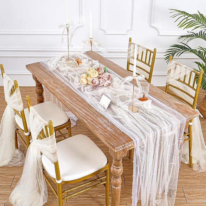 Pearl Gauze Table Runner Fabric Beige 10ft Wedding Veil Seasonal Decoration - Image 3