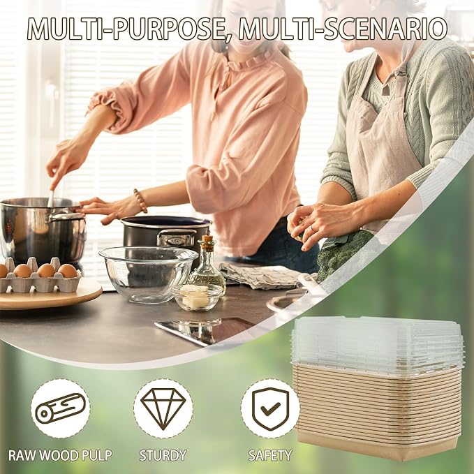 30 Pack Disposable Kraft Paper Food Trays With Clear Lids, 25oz | 10 x 6.5 x 2 inch Large Rectangle Take‑out Containers, Heavy‑duty Meal Storage Boxes for Food, Perfect for Next Day Lunch, Party - Image 7