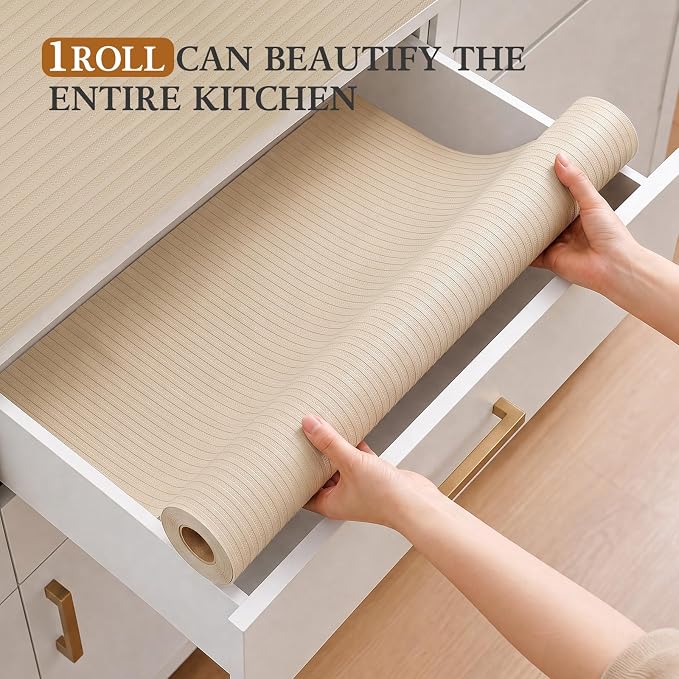 Shelf Liners for Kitchen Cabinets, 11.8 X 157.5 Inches Durable Pantry Shelving Liner for Drawer Tool Box Closed Refrigerator Non Adhesive Waterproof Protect Mat Washable, Khaki - Image 5