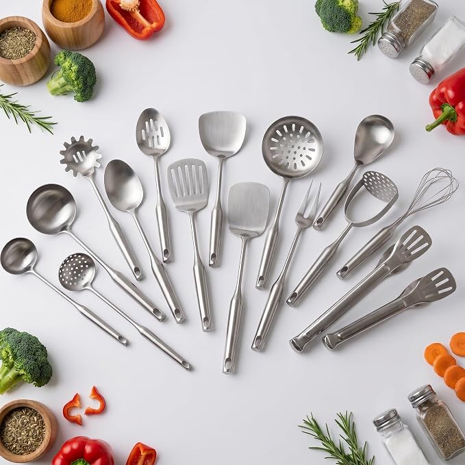 304 Stainless Steel Cooking Utensils Set, 16 Pcs Kitchen Utensils Set Cookware, High-heat resistance Kitchen Tool Set for Hanging Dishwasher Safe (16, silver) - Image 7