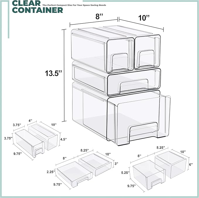 Sorbus Clear Stackable Storage Drawers (1 Large + 1 Medium + 2 Small) - Image 3
