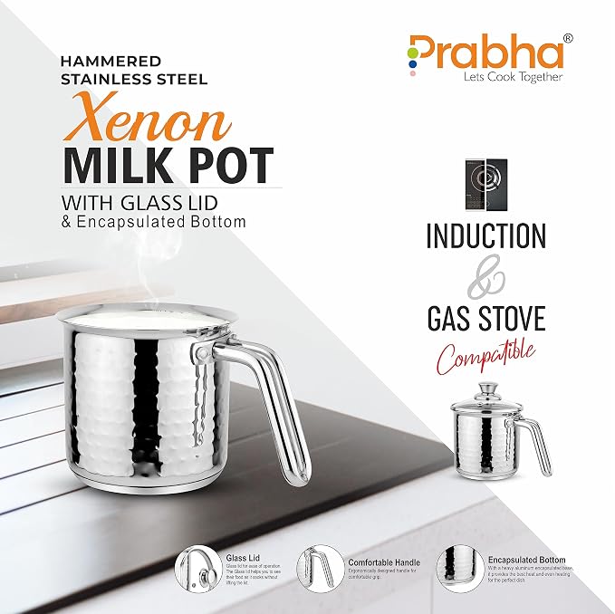 Prabha Stainless Steel Milk Pot With Handle 14cm 1.8 Litre | Hammered Milk Boiler Glass Lid Steam Vent | Tea Container Water Boiling | Coffee/Milk Warmer, Even & Faster Heating | Induction & Gas Stove - Image 9