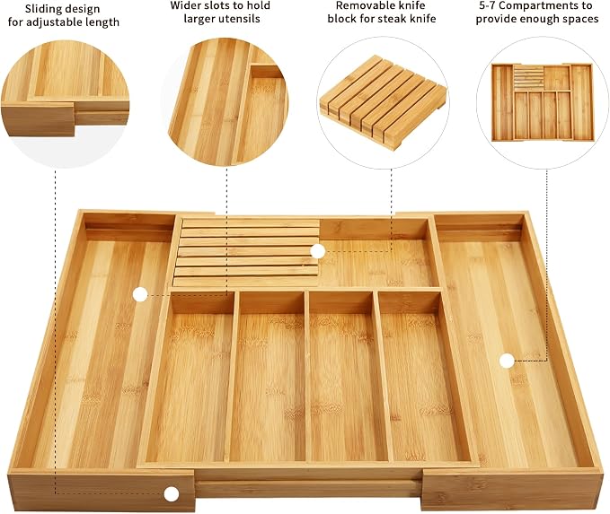 VaeFae Bamboo Silverware Drawer Organizer and Bamboo Knife Drawer Organizer Insert Bundle - Image 4