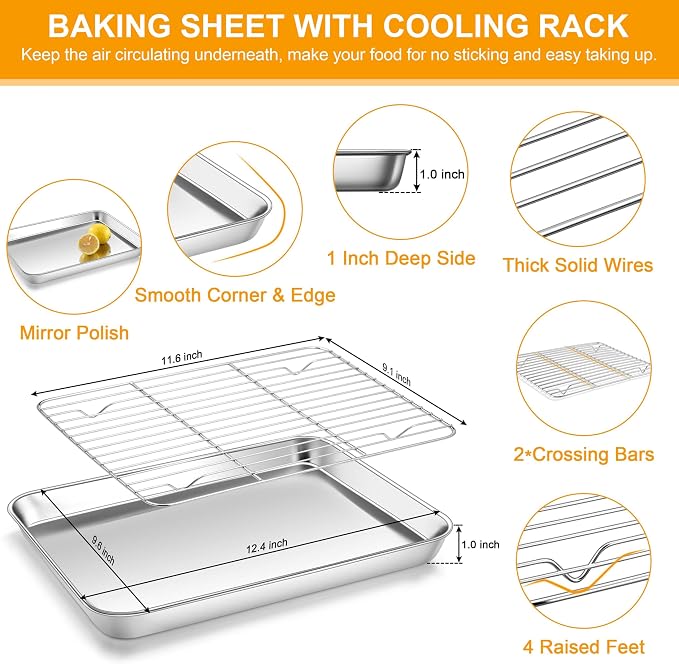 Homikit Quarter Sheet Pan with Rack Set for Toaster Oven (2 Sheets+2 Racks) | 12x10 Inch Stainless Steel Baking Sheets & Wire Cooling Grids, Small Cookie Pans Non Toxic, Metal Bacon Tray, Dishwasher Safe - Image 2