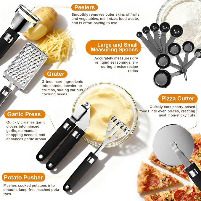 46Pcs 18/8 Stainless Steel Kitchen Utensils Set, Stainless Steel Cooking Utensils, Complete Tools with Metal Kitchen Gadgets for Beginner Cooks, Apartment Dwellers, Homemakers, Dishwasher Safe - Image 3