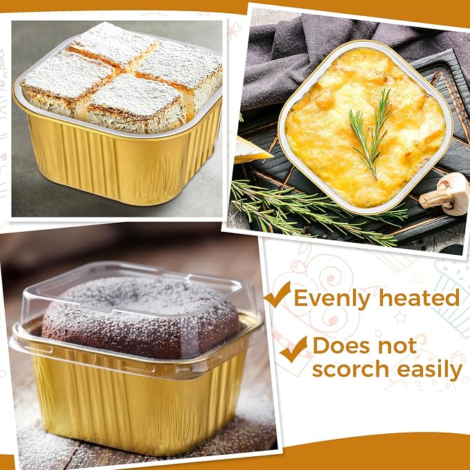 100 Pcs 14 oz Mini Cake Pans with Lids Square Aluminum Pans Aluminum Foil Baking Cups 4" x 4" Muffin Large Cupcake Cups Baking Tins for Party Bakery Kitchen Brownie Desserts(Gold) - Image 5