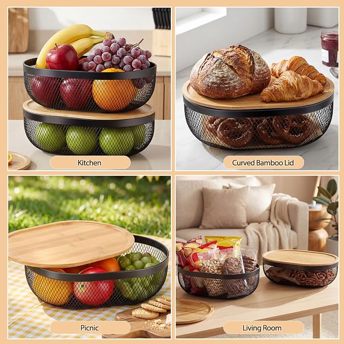 2 Pcs Oval Metal Mesh Storage Baskets with Tray Lids, Black Wire Organizer for Kitchen Countertop, Multi-functional Fruit and Bread Baskets for Home, Cabinet and Decorative Storage - Image 6