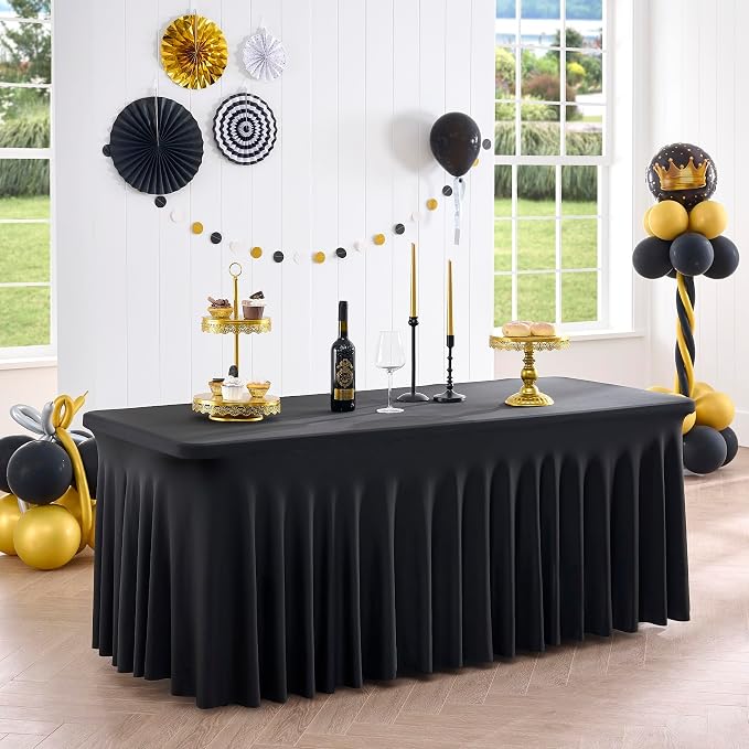 Spandex Tablecloth 8FT Rectangle Table Cover 6 Pack Black Wrinkle-Free - Image 8