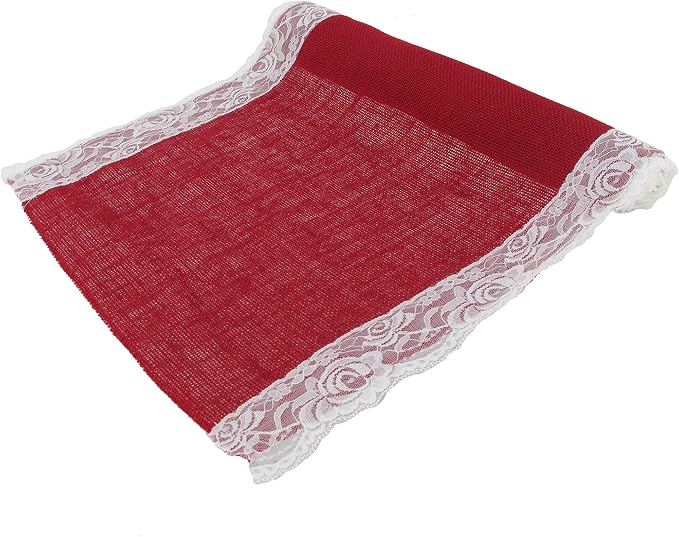 BambooMN Red 15" x 88" Vintage Lace Burlap Table Runner for Rustic Wedding Bridal Shower Bachelorette Graduation Party Table Home Decor Decorations, 1 Pieces by BambooMN