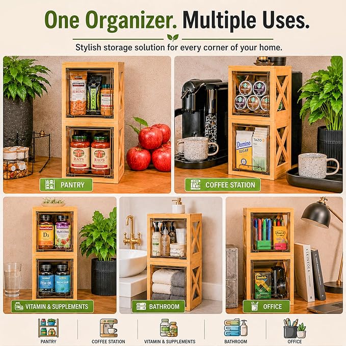 Bamboo Snack & Pantry Organizer, Stackable Pull-Out Drawers, 2 Pack - Image 7