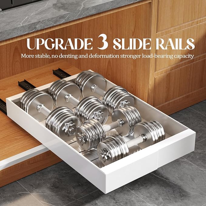 Seinloes 4 Pack Expandable Pull Out Cabinet Organizer 21" Deep With Raising Pad for Framed Cabinets,Upgrade 3 Slide Rails Slide Out Drawers,No Drill Roll Out Shelves,Adjustable Width 9"-14" White - Image 4