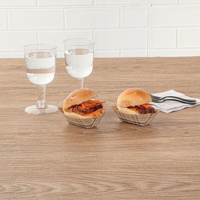 Restaurantware-Bio Tek 2 Ounce Food Boats, 50 Disposable Paper Food Trays - Heavy-Duty, Greaseproof, Plaid Paper Food Boats, for Snacks, Appetizers, Or Treats, Use At Parties Or Carnivals - Image 6