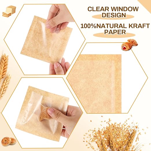 Outus 100 Pcs Cookie Packaging Bags with Seal, 3 x 3 Inch, Brown | Bakery Pastry Bags with Window, Heat Sealable Grease Resistant Paper to Go Bake Sleeves for Gift Giving Donut Bread Sandwich - Image 3