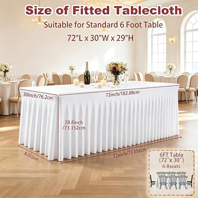 3 Pack White Spandex 6ft Rectangle Tablecloths with Skirts - Image 2