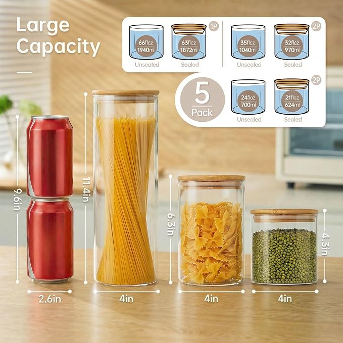 Round Glass Storage Containers with Bamboo Lids for Pasta & Flour, 5 Pack | Airtight Pantry Jar for Flour, Sugar & Rice, Durable Borosilicate Glass Canisters Keep Food Dry & Fresh, Easy to Fill & Clean - Image 3