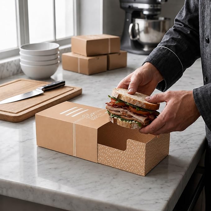 Restaurantware Take Out Food Containers 100 Count 8.3 x 5.7 x 3.7 Inches Paper Sandwich Boxes Disposable Food Packaging Box Design - Image 5