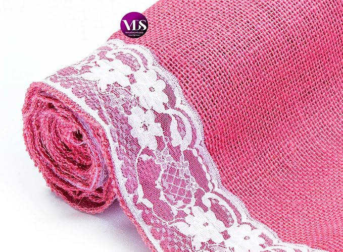 VDS Pack of 25, Burlap Table Runner with White Lace Edge, 100% Natural Jute Rustic Hessian Table Cloth Centerpiece for Wedding Birthday Party Banquet Table Decoration (Size 12X108 Inch)(Pink) - Image 5