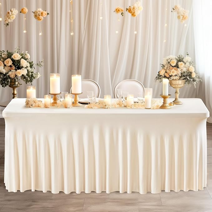Wish Care 2 Pack Ivory Spandex Table Clothes for 6 Foot Rectangle Tables, 6FT Wrinkle Free Fitted Tablecloths Ruffles Design Table Cover for Party, Banquet, Wedding and Events - Image 5