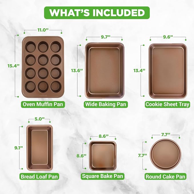 NutriChef 6-Piece Nonstick Bakeware Set, Carbon Steel Baking Pans Set, Includes Cookie Sheets, Wide & Square Bake Pans, Bread Loaf & Round Cake Pan, Muffin Pan - Gold - Image 3