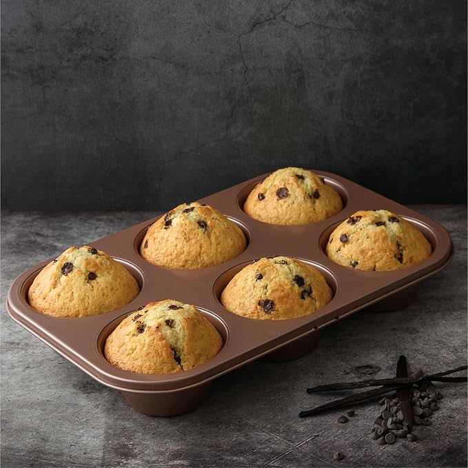 HAPPIELS 6 Cup Jumbo Muffin Pan Nonstick, PFOA & BPA Free | | Non-Toxic - High Carbon Steel - Gold - Large Cupcake Tin for Oven Baking - Image 7